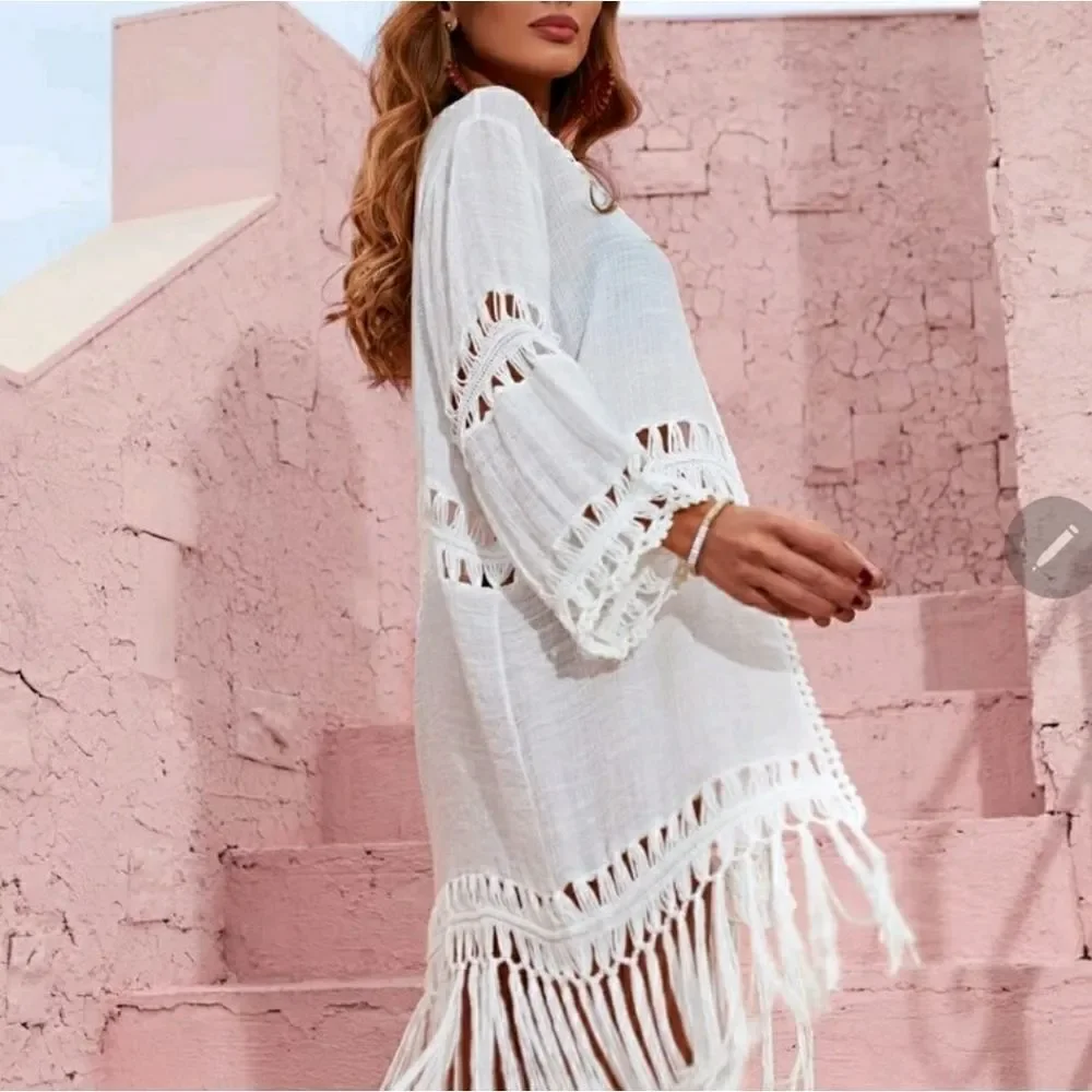 Tie Neck Fringe Hem Kimono